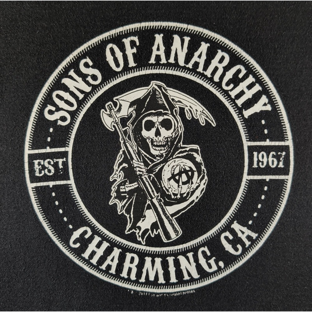 Sons of Anarchy Tee Shirt Charming CA Black Sz L SOA Logo Biker Skull Moto Goth